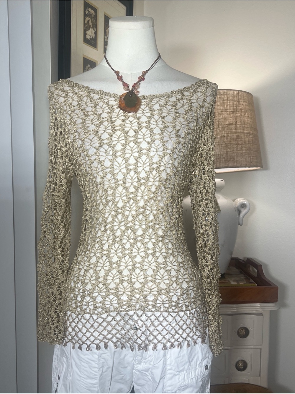 Y2K Crochet Beaded Long-Sleeve Women's Top